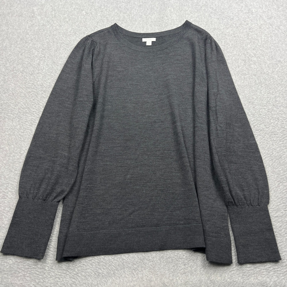 J Jill Sweater Womens Large Gray 100% Merino Wool Puff Sleeve Crew Side Slit